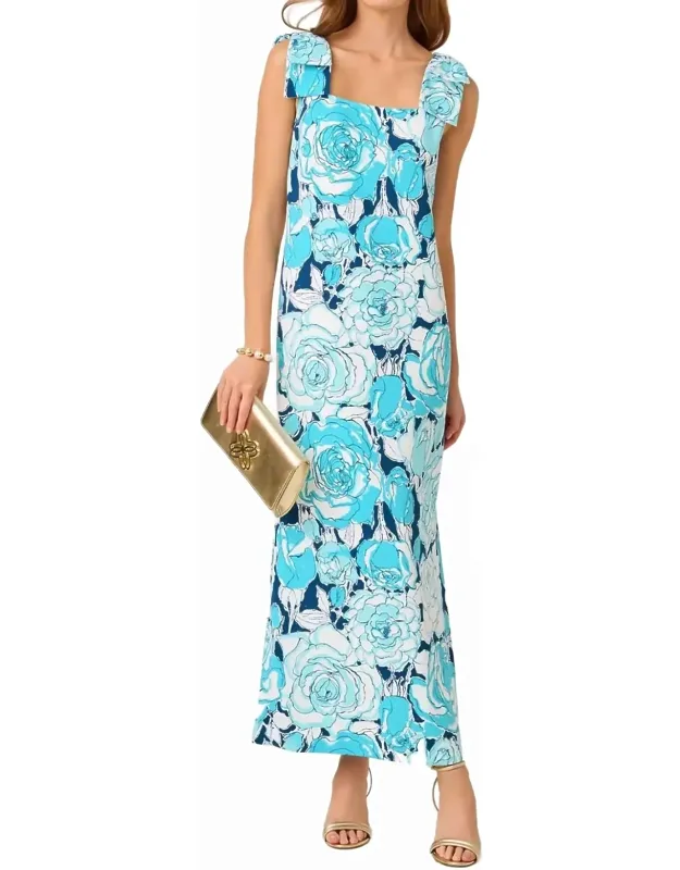 Bernice Maxi Dress In Capri Blue With Shoulder Bows And Side Slits