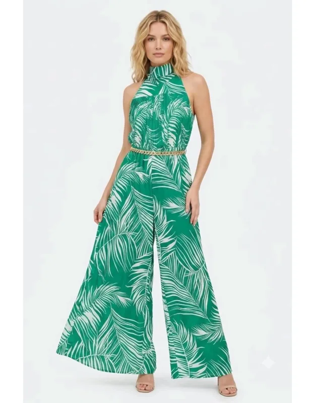 Tropical Palm Pleated Halter Jumpsuit