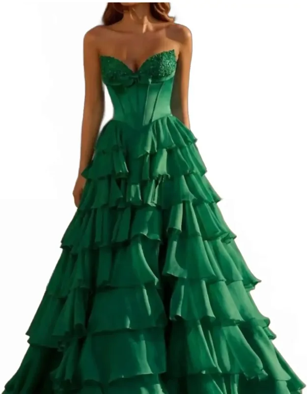 Strapless Silk Corset Chiffon Ruffle Skirt Ballgown Dress