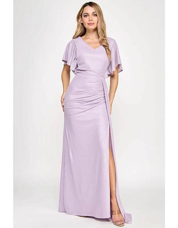 Metallic V-neck Flutter Sleeve Evening Gown With Ruched Waist And High Slit
