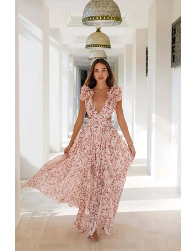 Cut Out Deep V Ruffled Floral Backless Dress