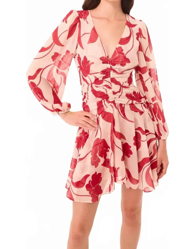 Megan Mini Dress - Long Sheer Blouson Sleeves, V-neck