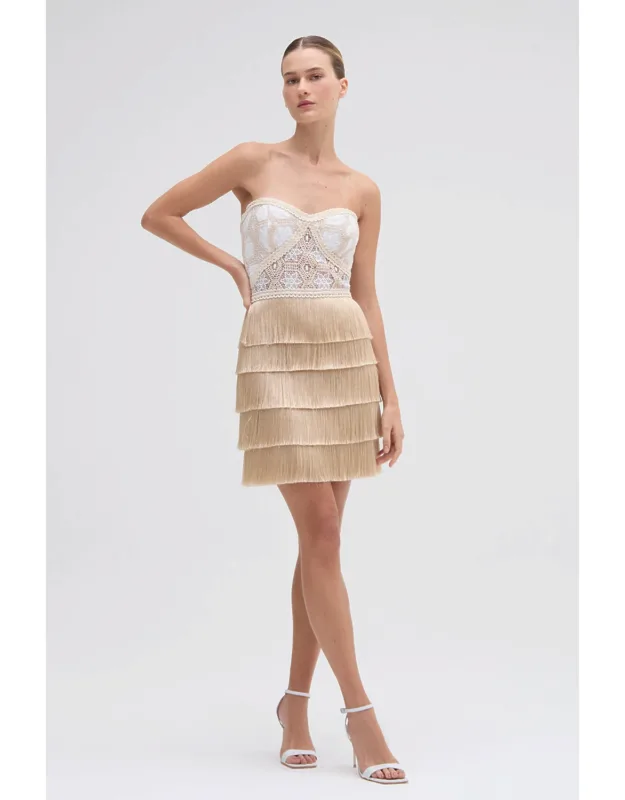 Natural Crochet Dress With Sweetheart Neckline And Fringe Skirt