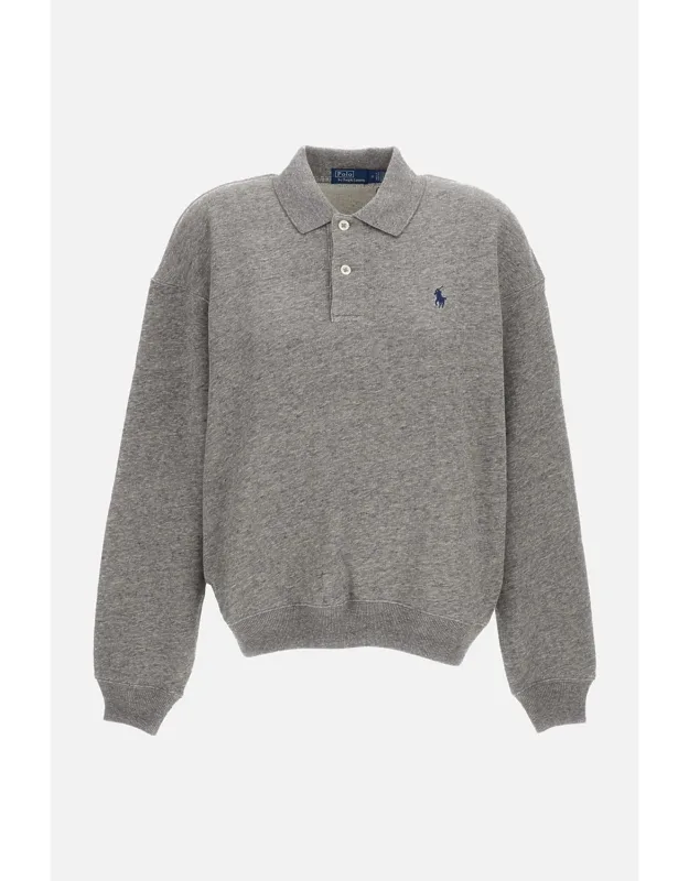 Sweatshirt With Classic Polo Collar And Cotton Blend