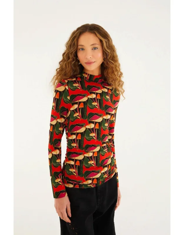 Wild Mushrooms Ruched Waist Jersey Blouse