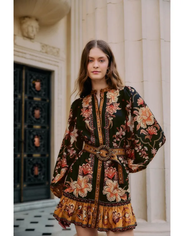Majestic Garden Beaded Buckle Long Sleeve Mini Dress