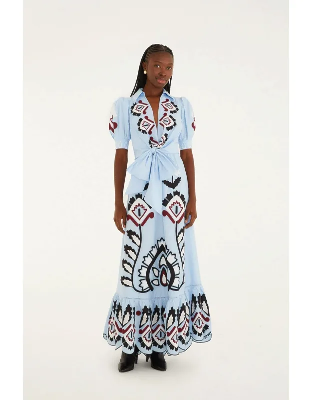 Artisanal Embroidered Lace Front Bow Maxi Dress