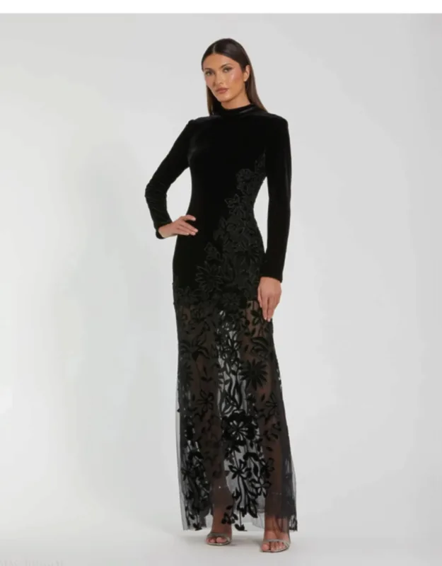 Long Sleeve Sheer Floral Embroidered Velvet Dress