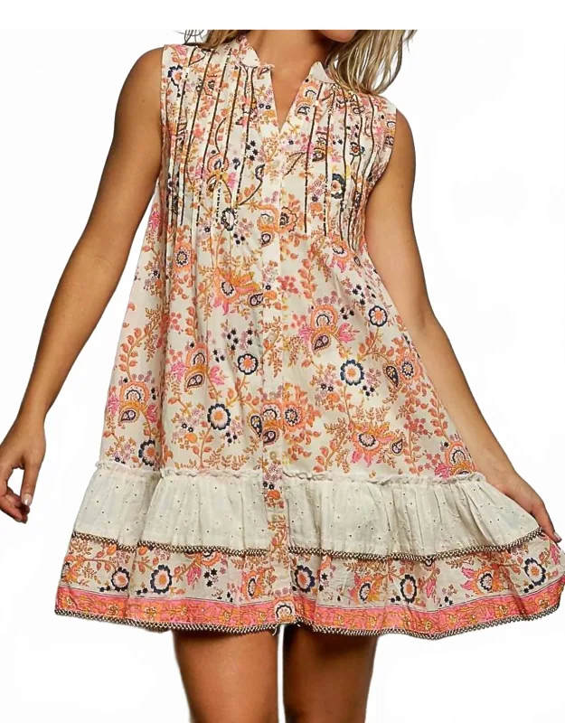 Printed Pintuck Spangle Button Down Dress