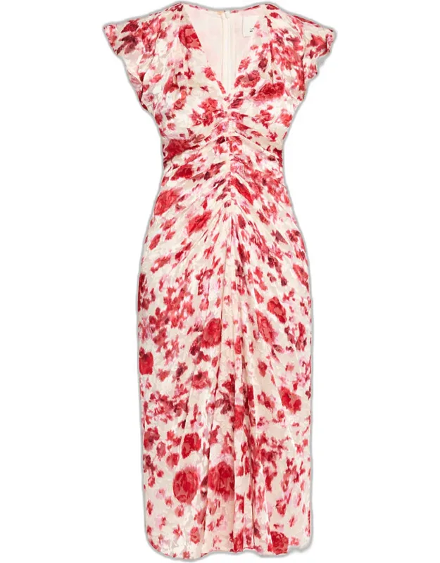 Floral Burnout Flutter-sleeve Midi Dress