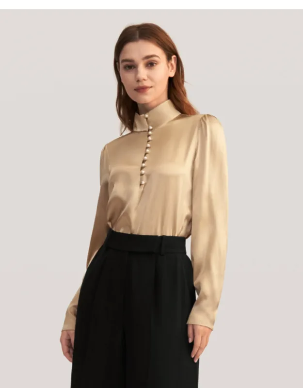 Pearl Button Mandarin Collar Stretch Silk Blouse