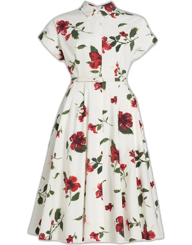Hibiscus Cotton Poplin Midi Shirtdress With Belt