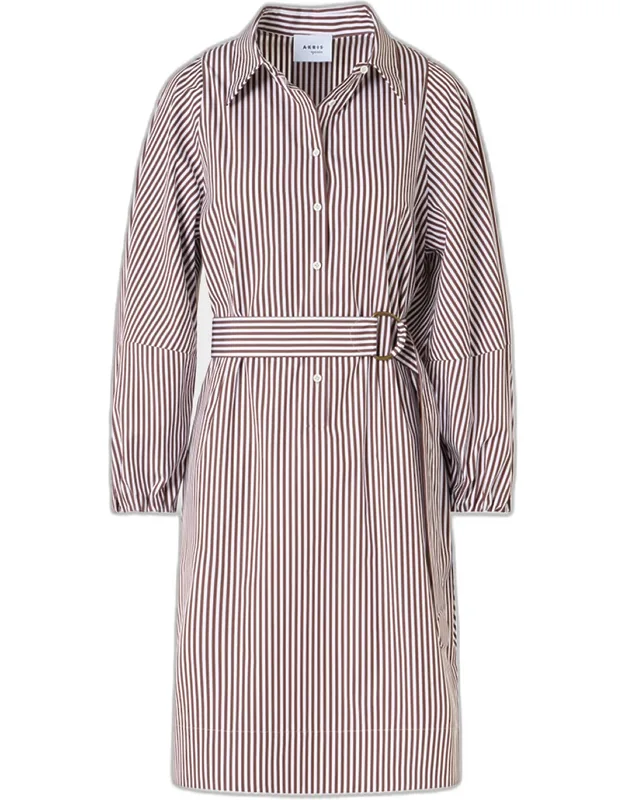 Striped Cotton Poplin Belted Balloon-sleeve Shirtdress