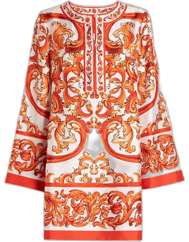 Majolica-print Silk Twill Mini Kaftan Dress