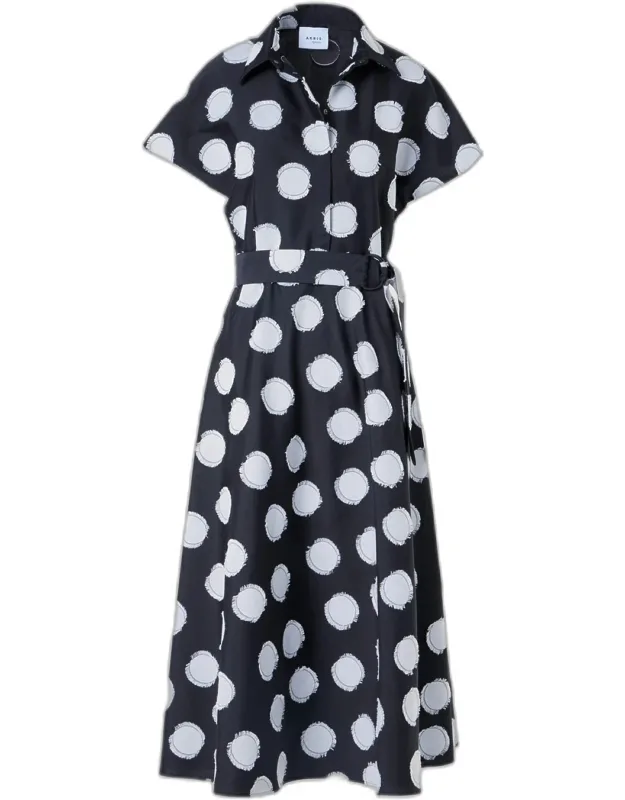 Fringed Polka Dot Jacquard Belted Midi Shirtdress