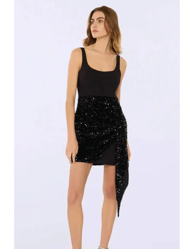 Venus Mini Dress With Iridescent Sequined Skirt And Feather-trimmed Sash