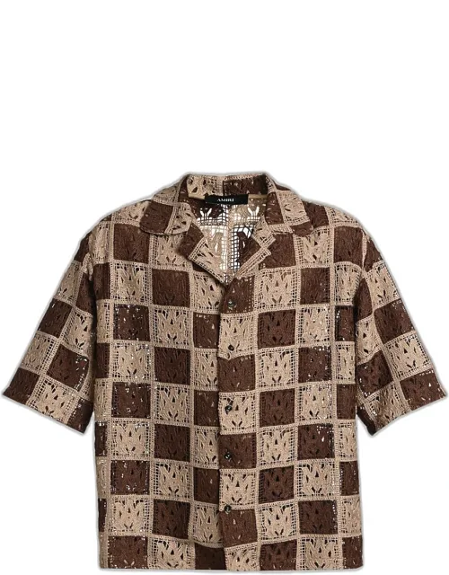 Crochet Checkerboard Short-sleeve Shirt