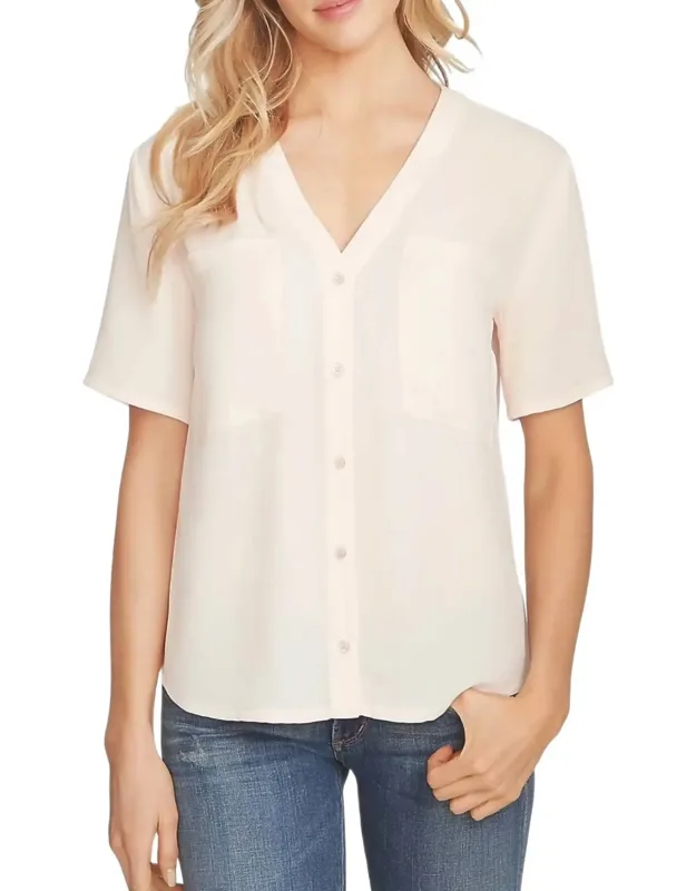 Chiffon Short Sleeve V Neck Button Down Shirt