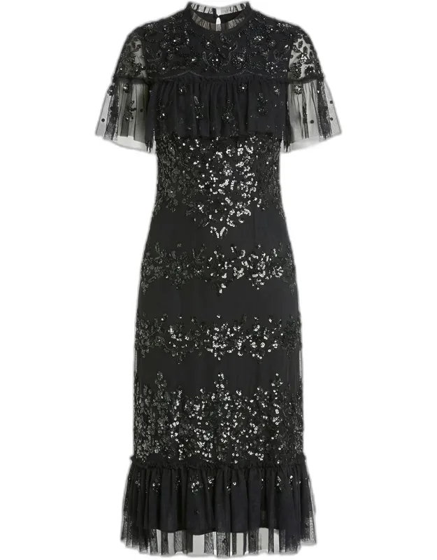 Ruffle-trim Sequin Mesh Midi Dress