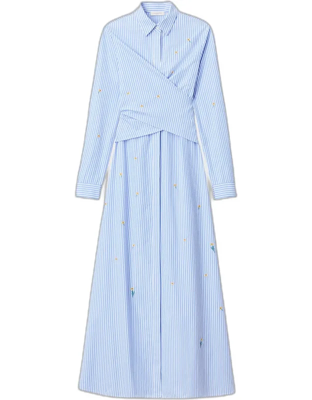 Striped Floral-embroidered Maxi Shirtdress