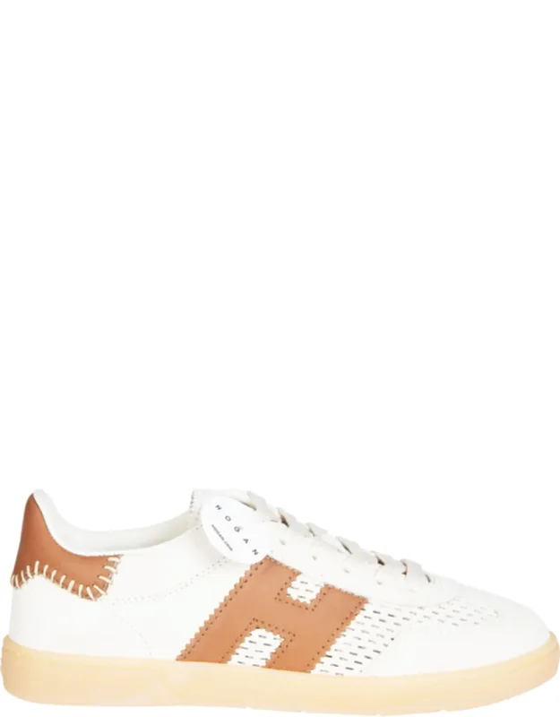 White Leather Sneakers With Tan Accents And Perforated Detailing