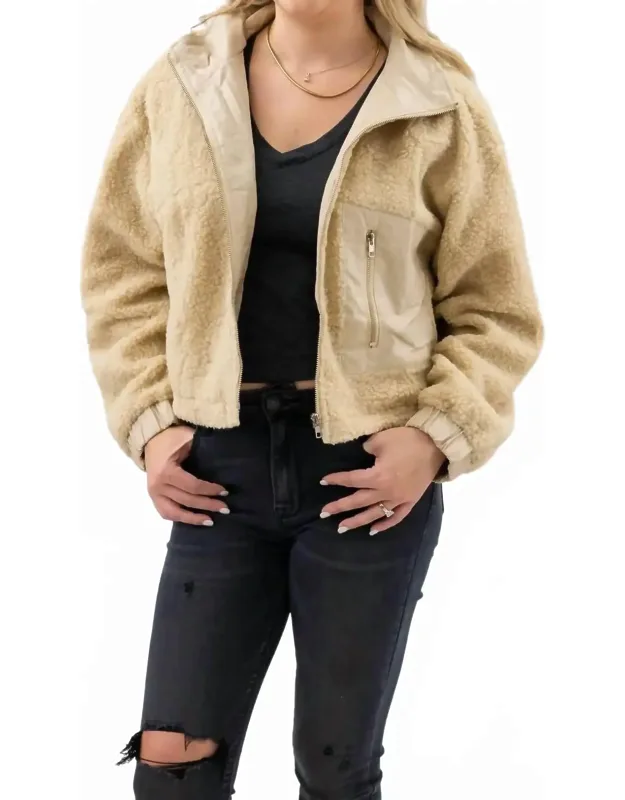 Faux Leather Collar Sherpa Crop Jacket