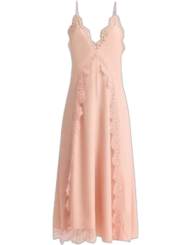 Lace-trim Silk V-neck Midi Cami Dress