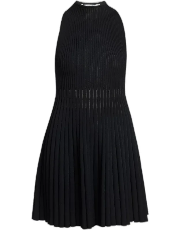 High-neck Sleeveless Sheer Pleated Knit Mini Dress
