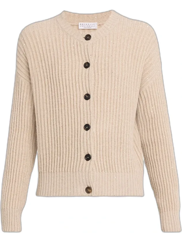 Shimmering Cashmere-wool English Rib Crewneck Cardigan