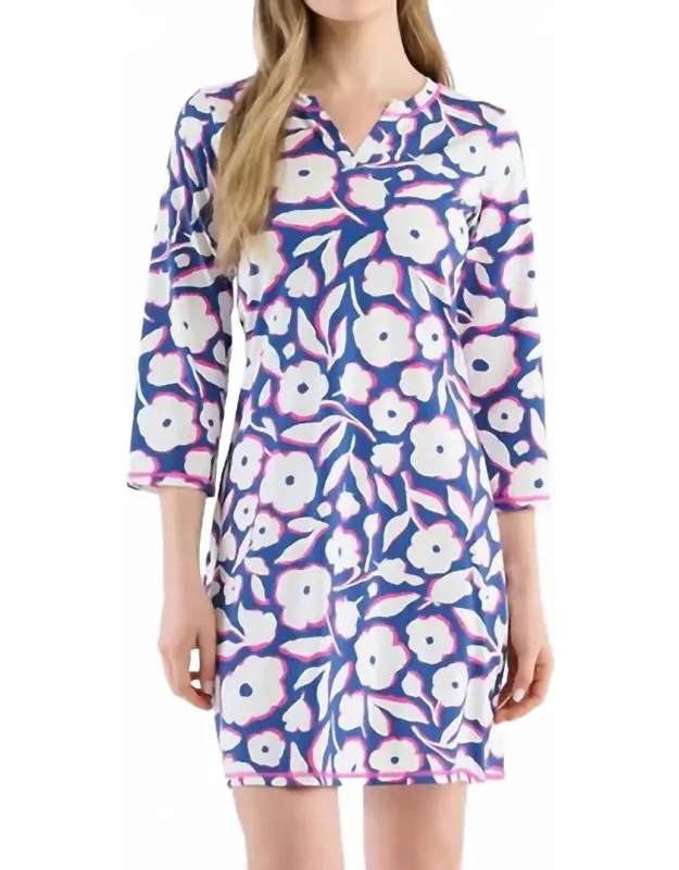 Notch Neck Mini Dress In Fresh Flowers - A-line With V-neckline And Three-quarter Sleeves