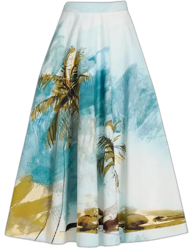 Beach Palm Print Cotton Poplin Midi Skirt