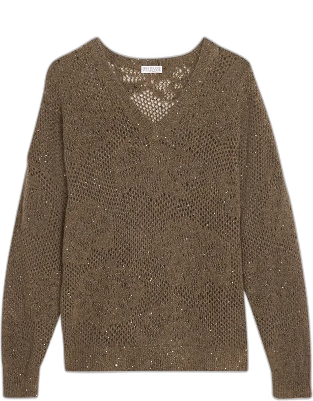 Diamante Paillette Mohair Open-knit V-neck Sweater
