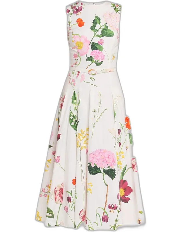 Sleeveless Mixed Botanical Pleated Midi Dress With Belt