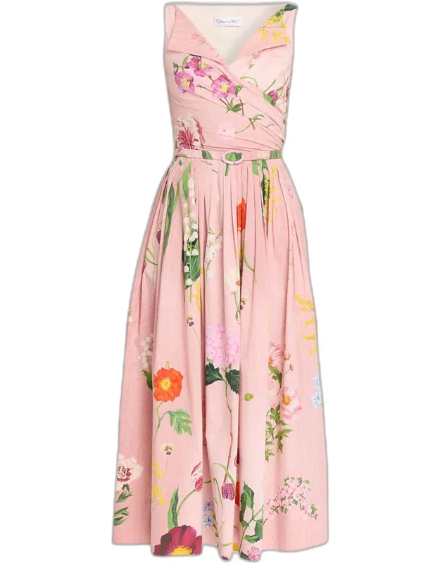 Sleeveless Mixed Botanical Draped Cotton Midi Dress