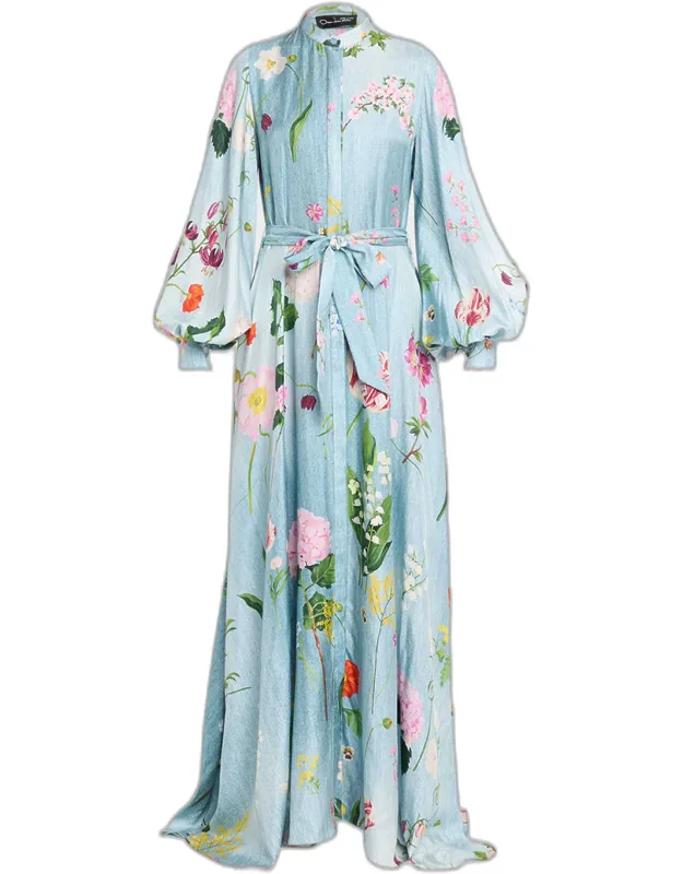 Long-sleeve Mixed Botanical Silk Twill Belted Maxi Dress