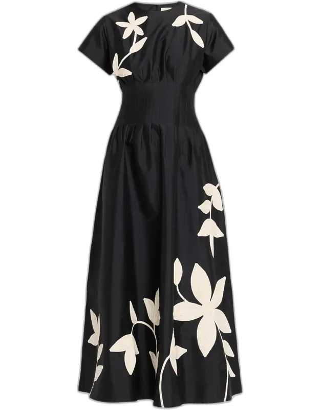 Marvis Floral Embroidered Pleated Ankle Dress
