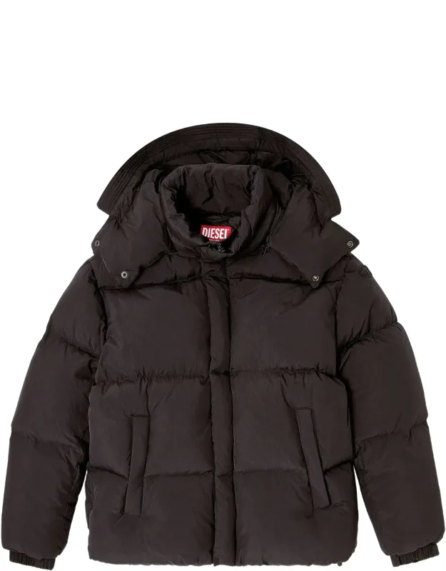 Quilted Puffer Jacket With Detachable Hood And Concealed Zipper