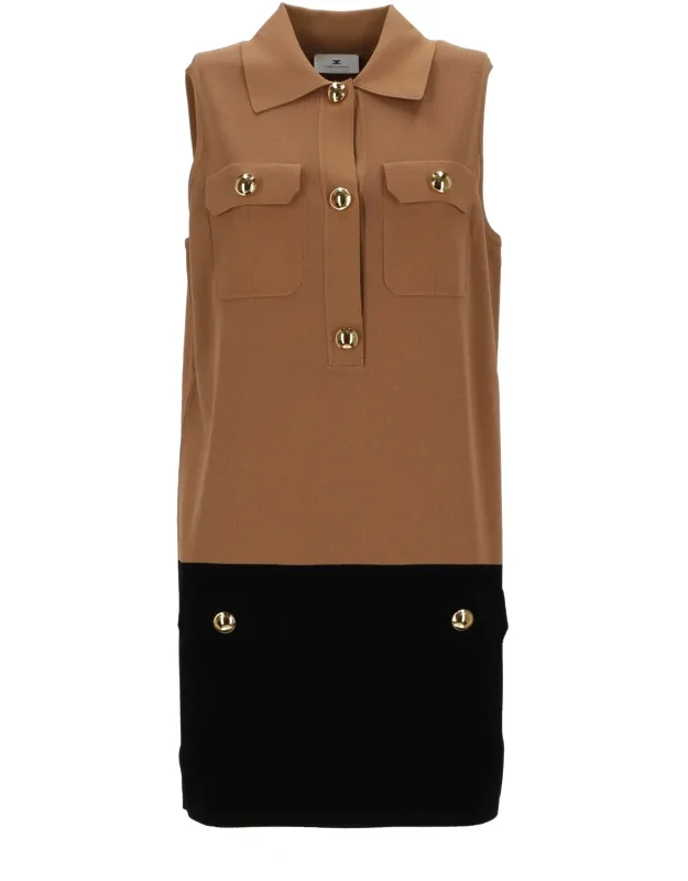 Sleeveless Two-tone Knit Dress With Flap Pockets And Gold Accents