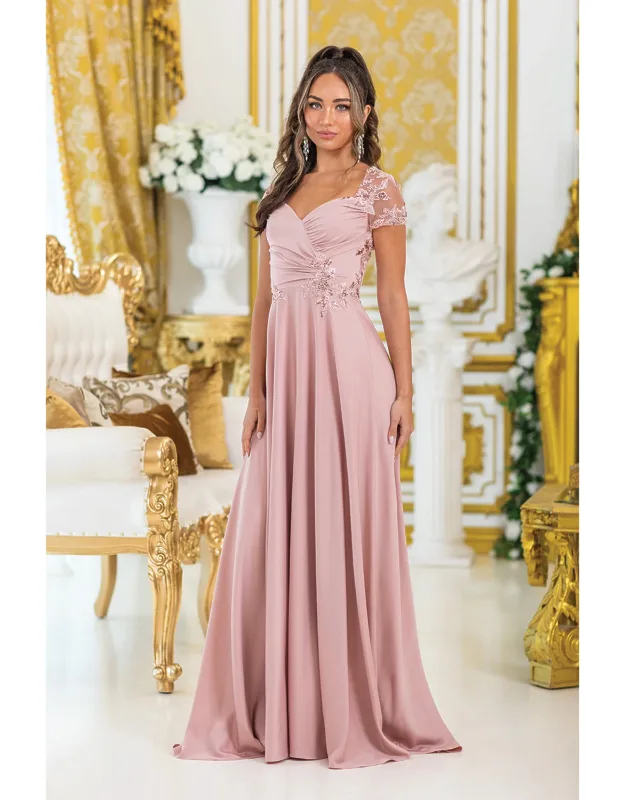 A-line Prom Dress With Embroidered Floral Lace Details And Short Sleeve