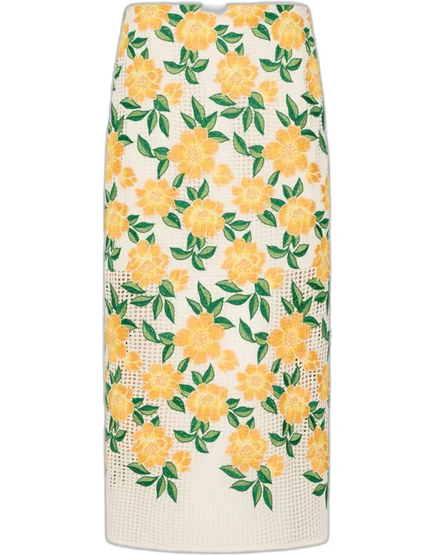 Floral-embroidered Straight Midi Skirt