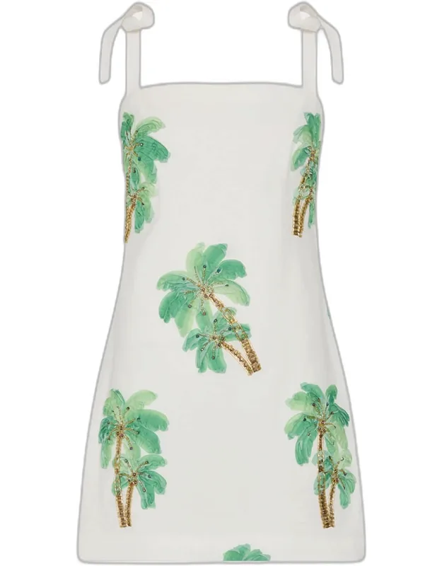 Palm Tree-embroidered Cotton Mini Dress