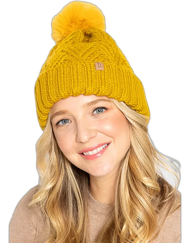 Faux Fur Pom Pom Cable Knit Beanie