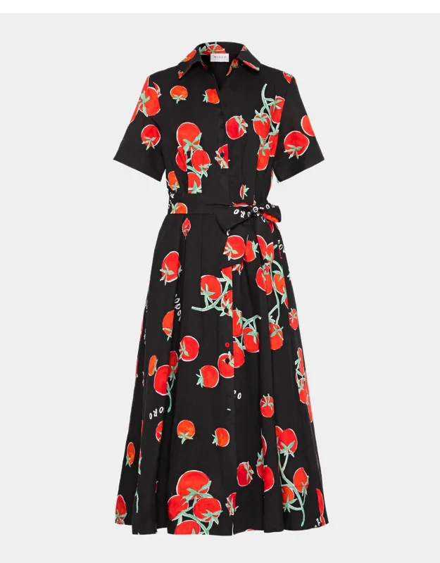 Pleated Tomato-print Midi Shirtdress
