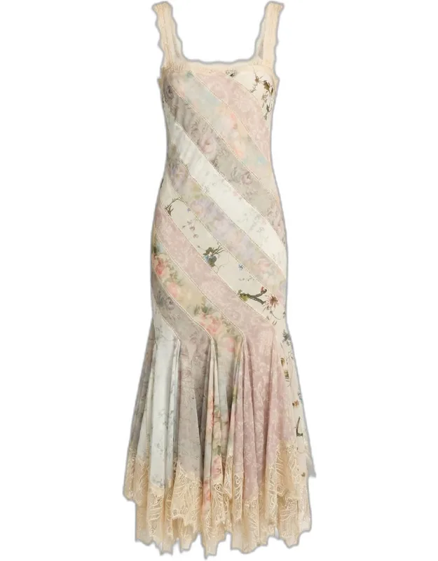 Floral Patchwork Chiffon Handkerchief-hem Cocktail Dress