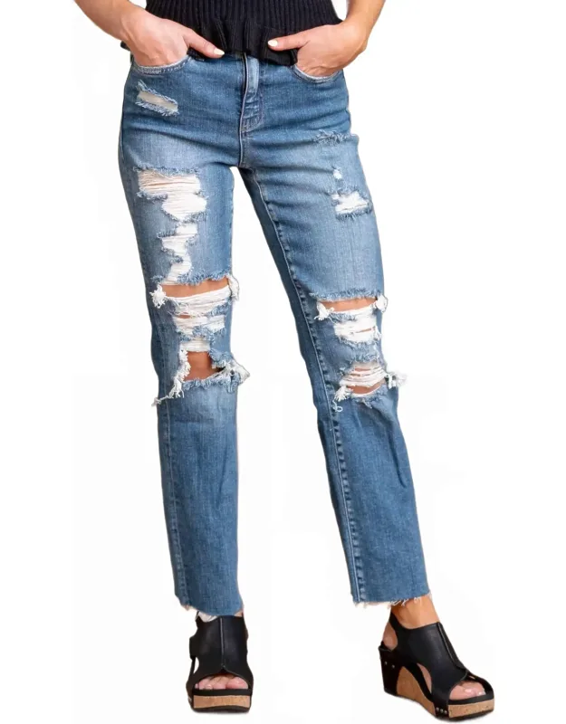 Distressed High Rise Relaxed Straight Jeans