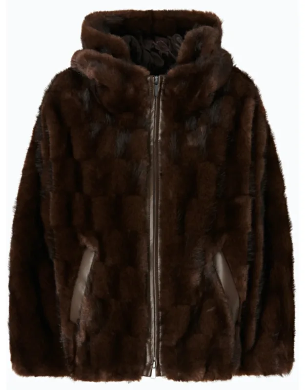 Plush Checkered Fur Jacket With Hood And Leather Trim