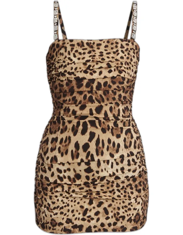 Sleeveless Ruched Leopard-print Silk Charmeuse Mini Dress