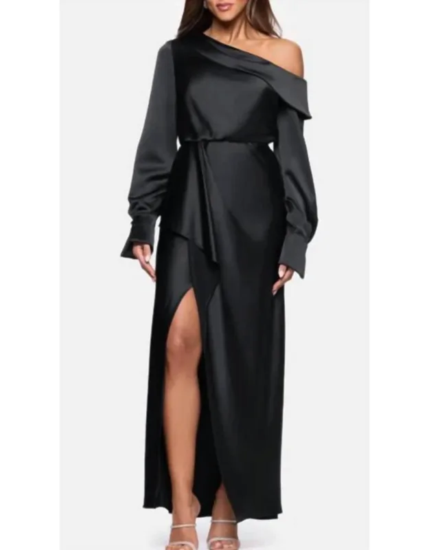 Satin Off Shoulder Long Sleeve Maxi Dress