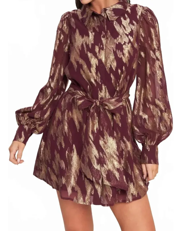 Metallic Print Long Sleeve Collared Mini Dress