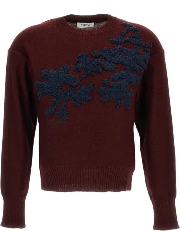 Cropped Crewneck Sweater With Jacquard Floral Motifs